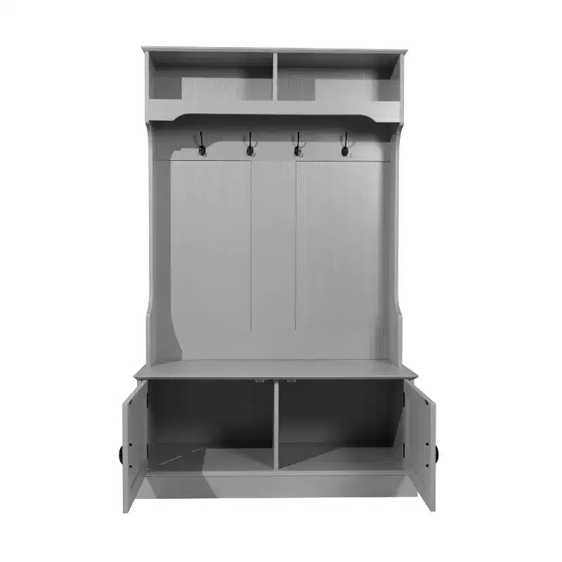 Hallway Tree with Bench Seating, 4 Double Coat Hooks, Upper Storage and Double Door Under-Bench Cabinet