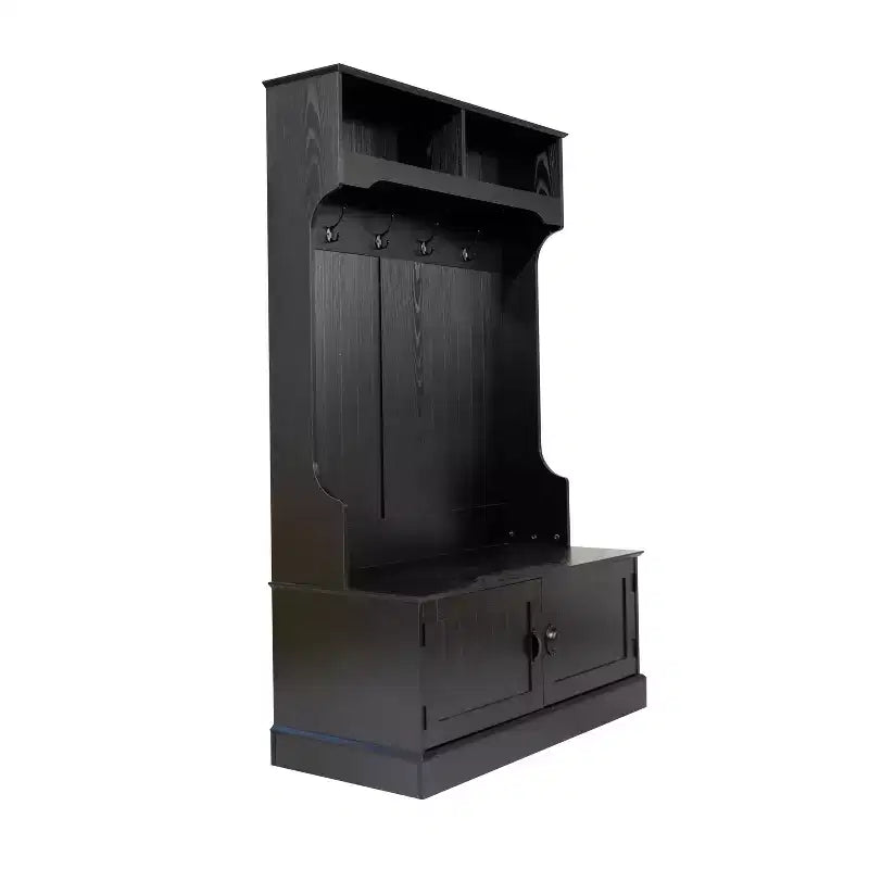 Hallway Tree with Bench Seating, 4 Double Coat Hooks, Upper Storage and Double Door Under-Bench Cabinet
