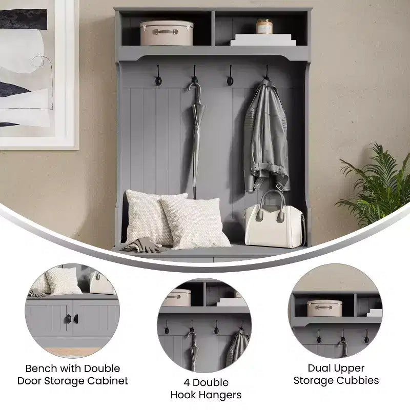 Hallway Tree with Bench Seating, 4 Double Coat Hooks, Upper Storage and Double Door Under-Bench Cabinet