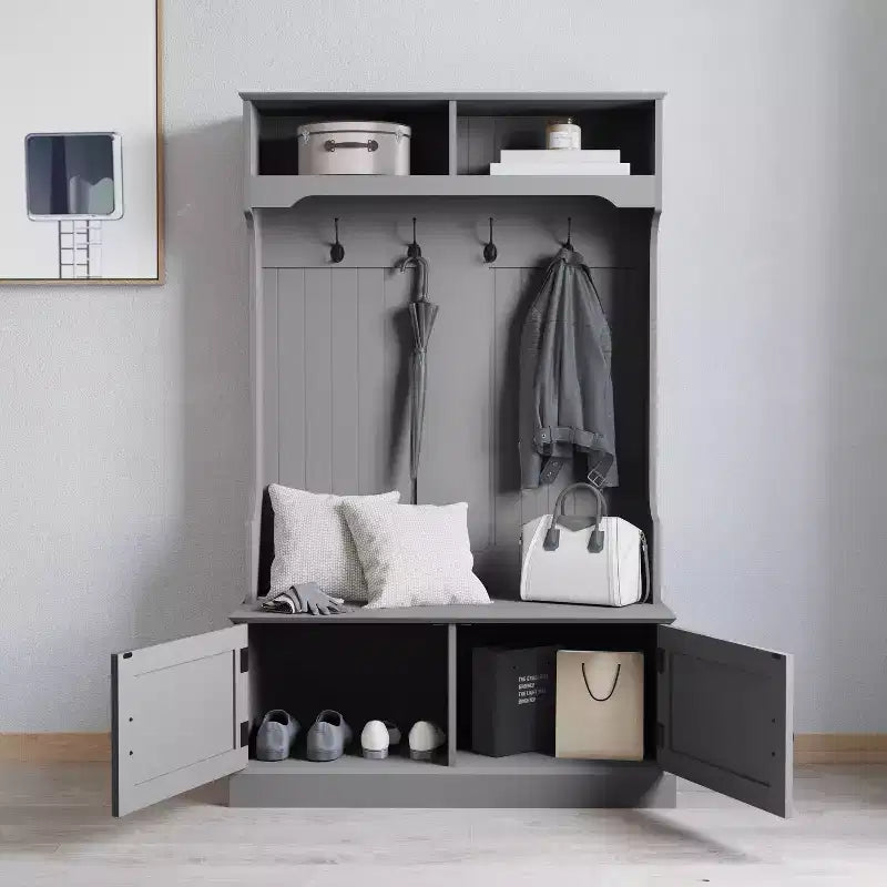 Hallway Tree with Bench Seating, 4 Double Coat Hooks, Upper Storage and Double Door Under-Bench Cabinet