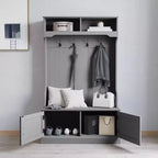Hallway Tree with Bench Seating, 4 Double Coat Hooks, Upper Storage and Double Door Under-Bench Cabinet