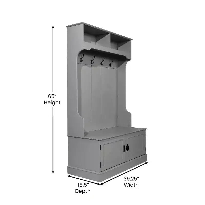 Hallway Tree with Bench Seating, 4 Double Coat Hooks, Upper Storage and Double Door Under-Bench Cabinet