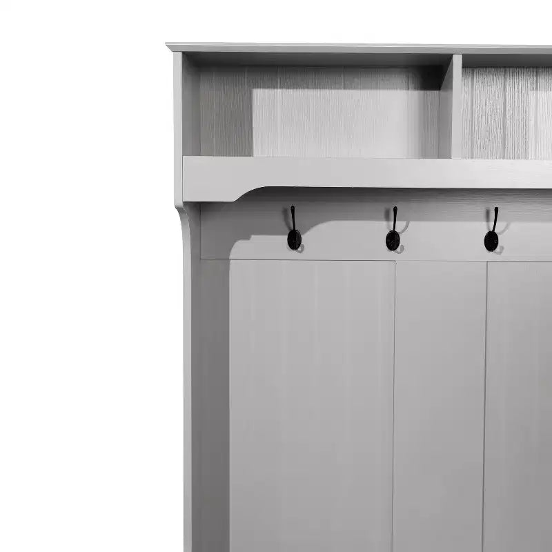 Hallway Tree with Bench Seating, 4 Double Coat Hooks, Upper Storage and Double Door Under-Bench Cabinet