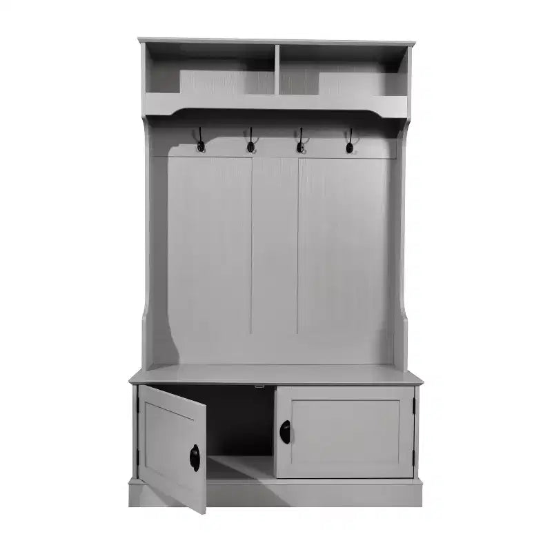 Hallway Tree with Bench Seating, 4 Double Coat Hooks, Upper Storage and Double Door Under-Bench Cabinet