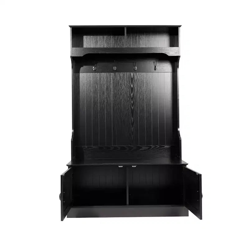 Hallway Tree with Bench Seating, 4 Double Coat Hooks, Upper Storage and Double Door Under-Bench Cabinet