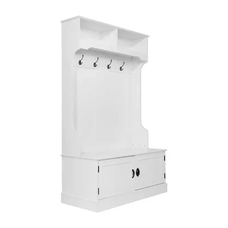 Hallway Tree with Bench Seating, 4 Double Coat Hooks, Upper Storage and Double Door Under-Bench Cabinet