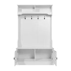 Hallway Tree with Bench Seating, 4 Double Coat Hooks, Upper Storage and Double Door Under-Bench Cabinet