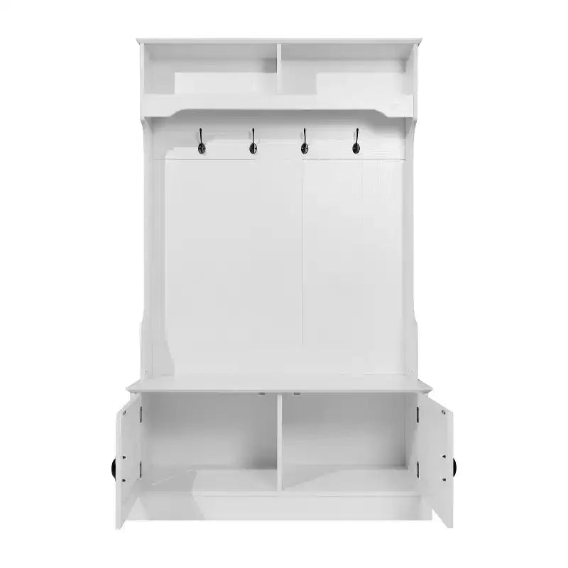 Hallway Tree with Bench Seating, 4 Double Coat Hooks, Upper Storage and Double Door Under-Bench Cabinet