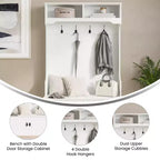 Hallway Tree with Bench Seating, 4 Double Coat Hooks, Upper Storage and Double Door Under-Bench Cabinet