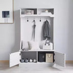 Hallway Tree with Bench Seating, 4 Double Coat Hooks, Upper Storage and Double Door Under-Bench Cabinet