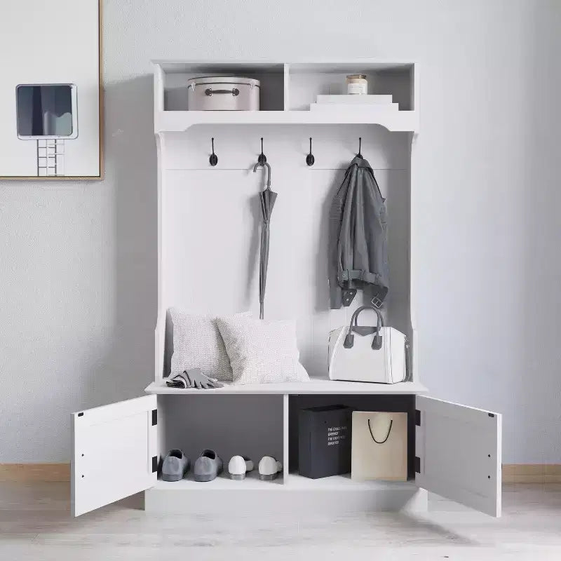 Hallway Tree with Bench Seating, 4 Double Coat Hooks, Upper Storage and Double Door Under-Bench Cabinet
