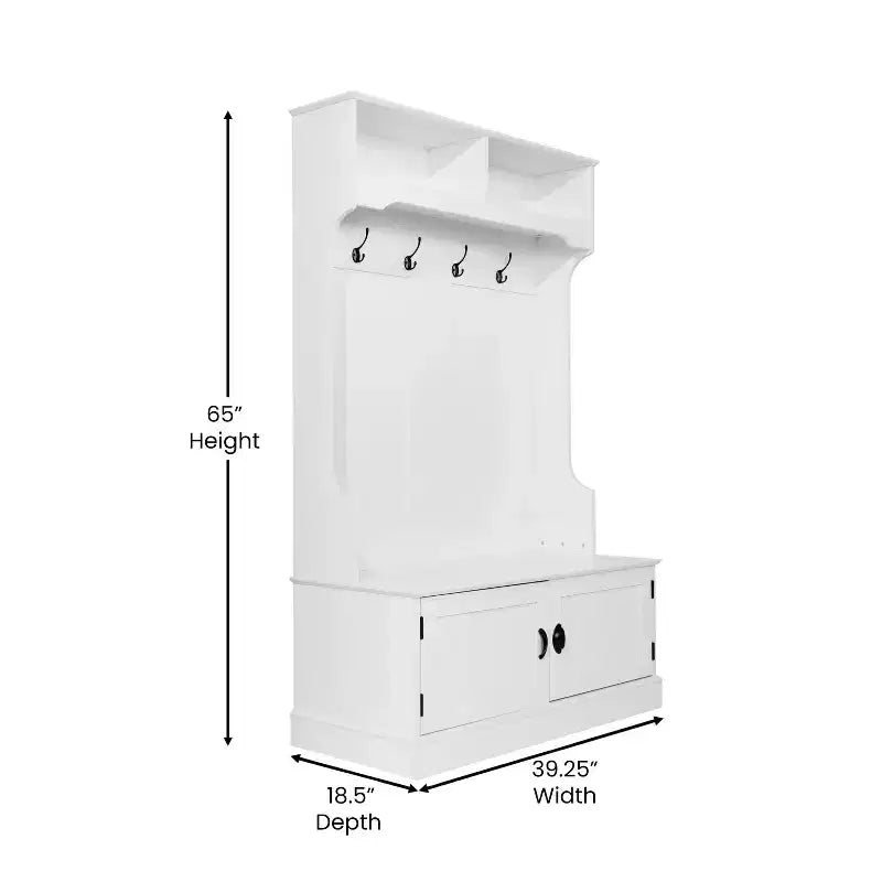 Hallway Tree with Bench Seating, 4 Double Coat Hooks, Upper Storage and Double Door Under-Bench Cabinet