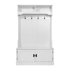 Hallway Tree with Bench Seating, 4 Double Coat Hooks, Upper Storage and Double Door Under-Bench Cabinet