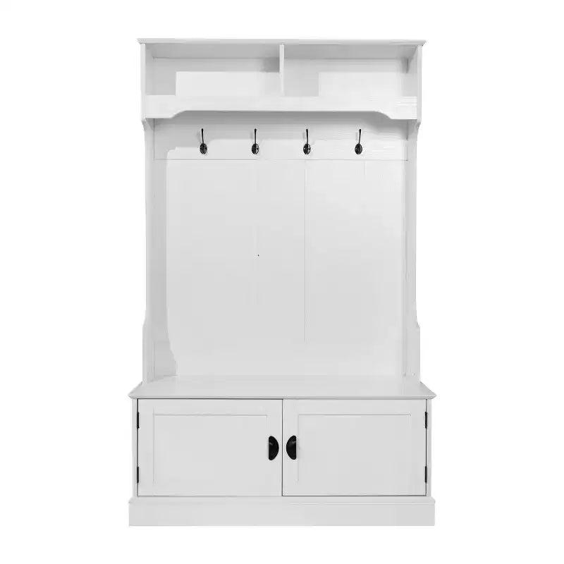 Hallway Tree with Bench Seating, 4 Double Coat Hooks, Upper Storage and Double Door Under-Bench Cabinet