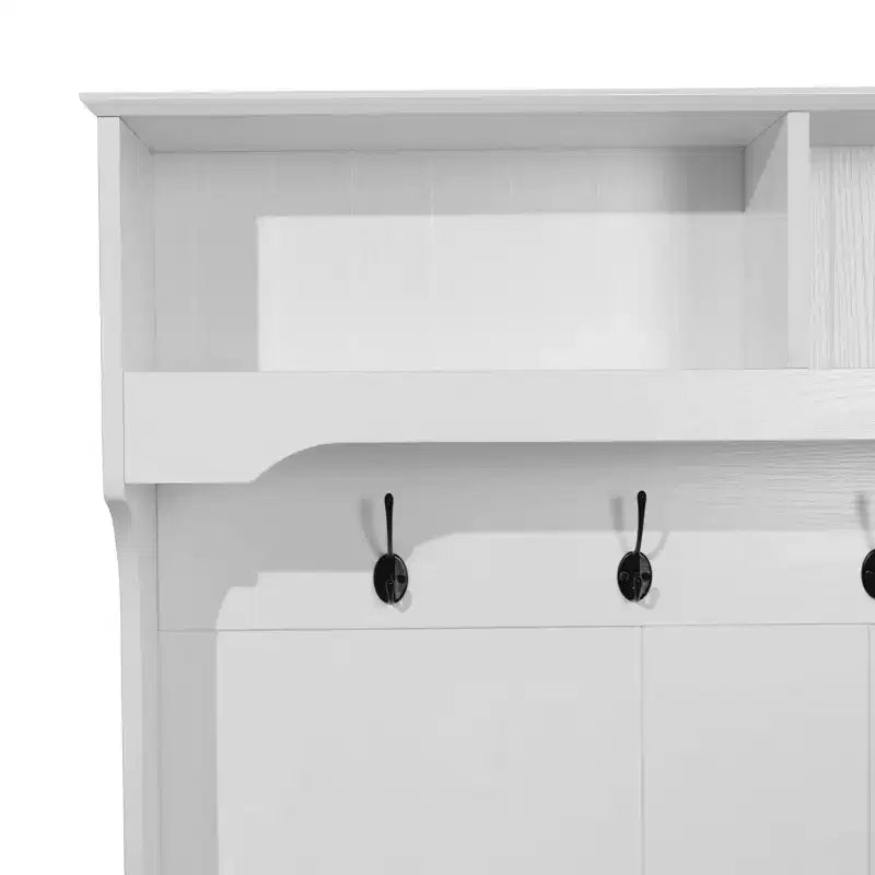Hallway Tree with Bench Seating, 4 Double Coat Hooks, Upper Storage and Double Door Under-Bench Cabinet