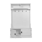 Hallway Tree with Bench Seating, 4 Double Coat Hooks, Upper Storage and Double Door Under-Bench Cabinet