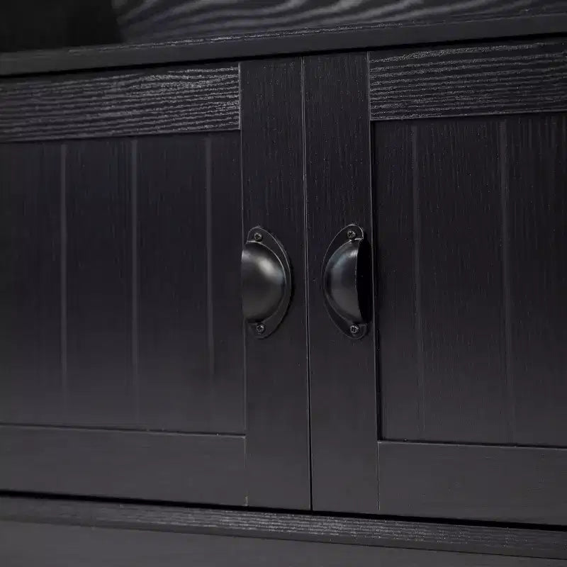 Hallway Tree with Bench Seating, 4 Double Coat Hooks, Upper Storage and Double Door Under-Bench Cabinet