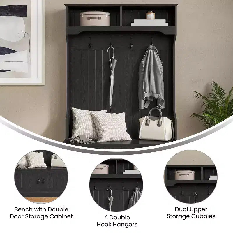 Hallway Tree with Bench Seating, 4 Double Coat Hooks, Upper Storage and Double Door Under-Bench Cabinet