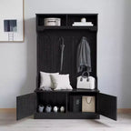 Hallway Tree with Bench Seating, 4 Double Coat Hooks, Upper Storage and Double Door Under-Bench Cabinet