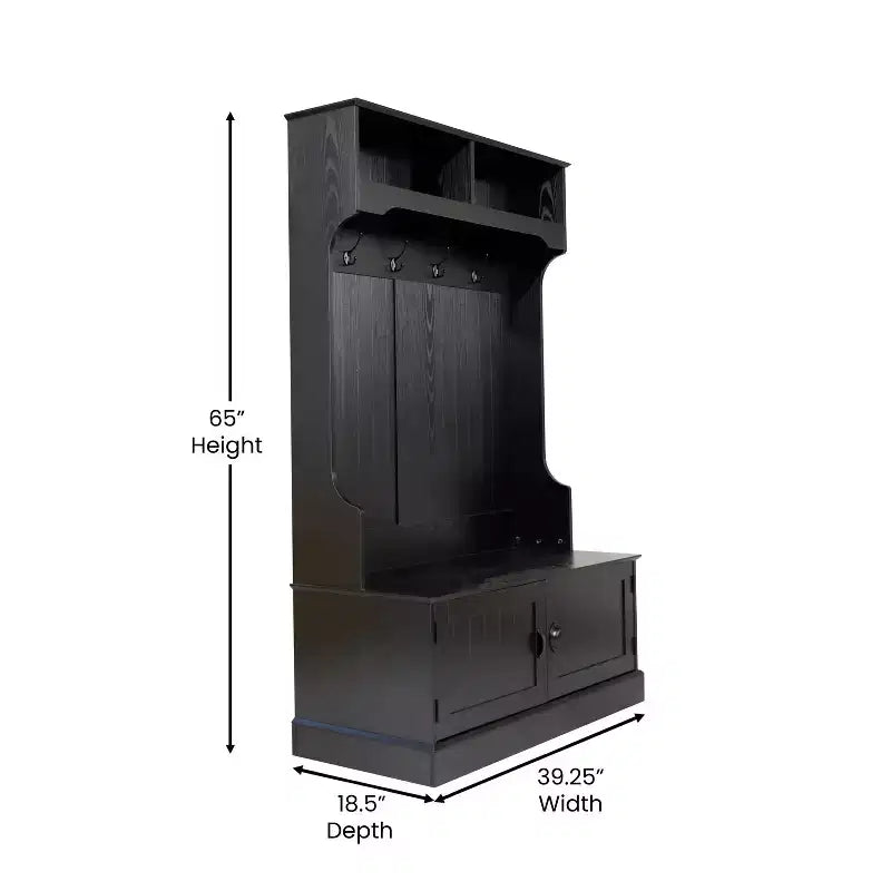 Hallway Tree with Bench Seating, 4 Double Coat Hooks, Upper Storage and Double Door Under-Bench Cabinet