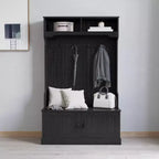 Hallway Tree with Bench Seating, 4 Double Coat Hooks, Upper Storage and Double Door Under-Bench Cabinet