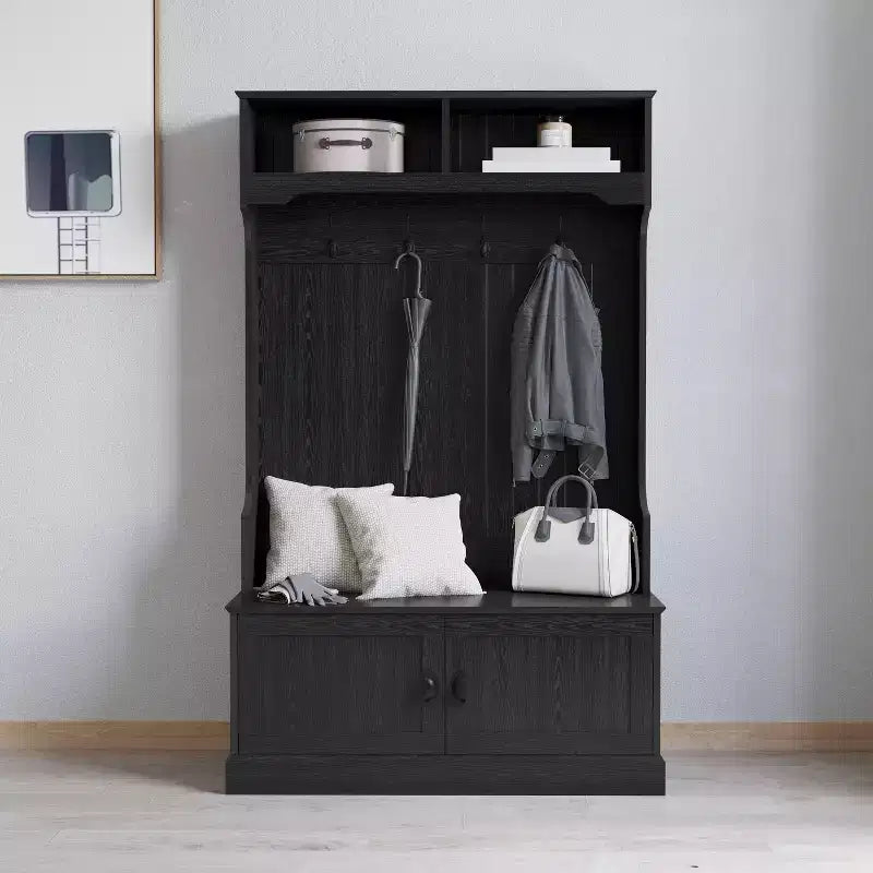 Hallway Tree with Bench Seating, 4 Double Coat Hooks, Upper Storage and Double Door Under-Bench Cabinet