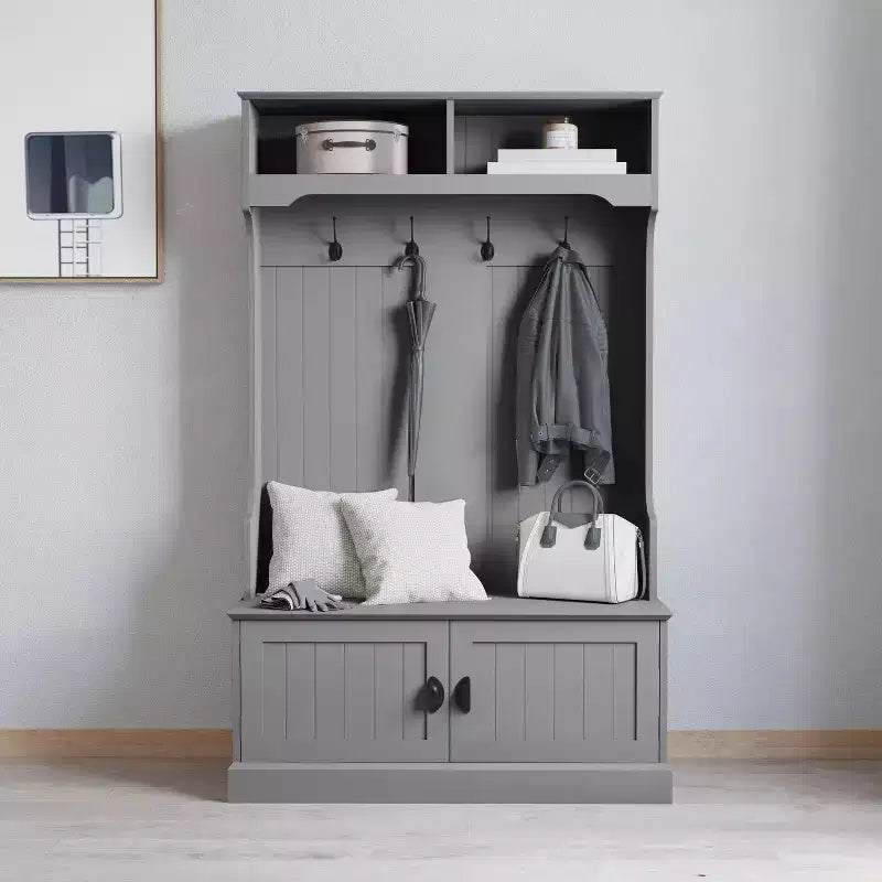 Hallway Tree with Bench Seating, 4 Double Coat Hooks, Upper Storage and Double Door Under-Bench Cabinet