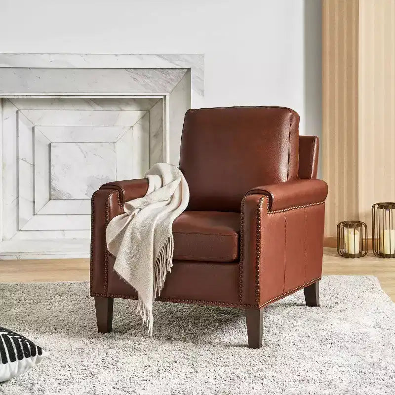 Genuine Leather Armchair with Removable Cushion and Nailhead Trims, Transitional Accent Chair