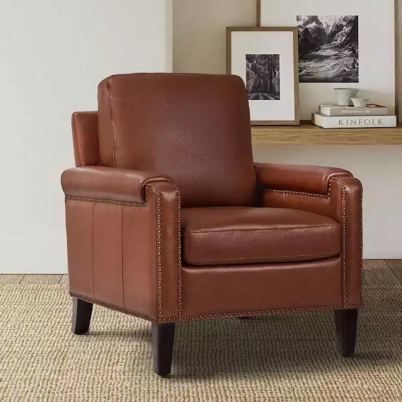 Genuine Leather Armchair with Removable Cushion and Nailhead Trims, Transitional Accent Chair