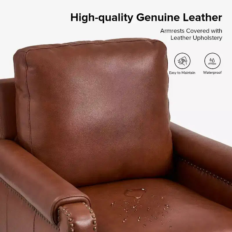Genuine Leather Armchair with Removable Cushion and Nailhead Trims, Transitional Accent Chair