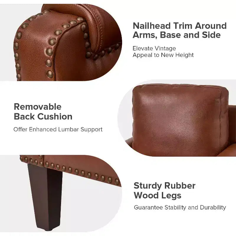 Genuine Leather Armchair with Removable Cushion and Nailhead Trims, Transitional Accent Chair