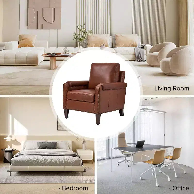 Genuine Leather Armchair with Removable Cushion and Nailhead Trims, Transitional Accent Chair
