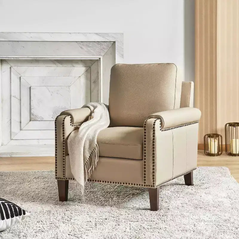 Genuine Leather Armchair with Removable Cushion and Nailhead Trims, Transitional Accent Chair
