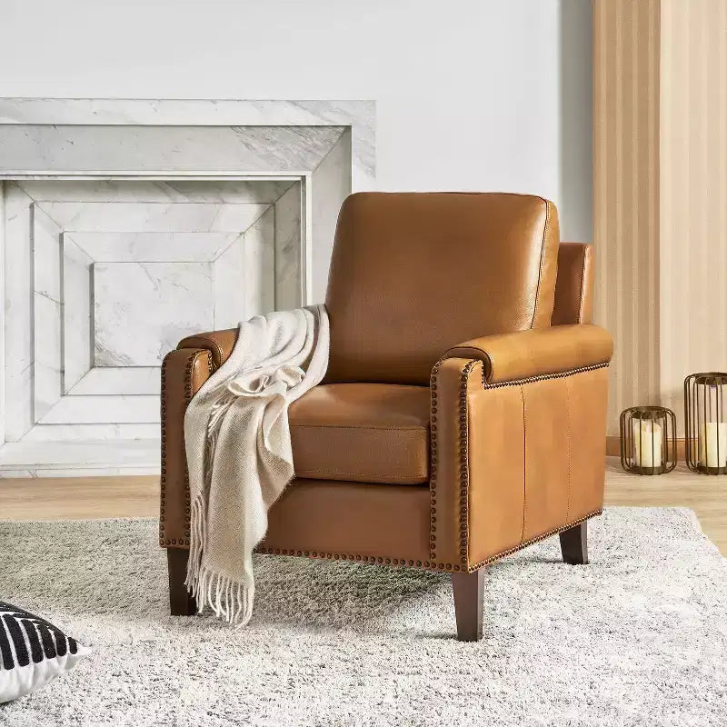 Genuine Leather Armchair with Removable Cushion and Nailhead Trims, Transitional Accent Chair