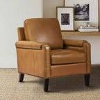 Genuine Leather Armchair with Removable Cushion and Nailhead Trims, Transitional Accent Chair