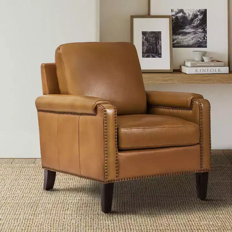 Genuine Leather Armchair with Removable Cushion and Nailhead Trims, Transitional Accent Chair