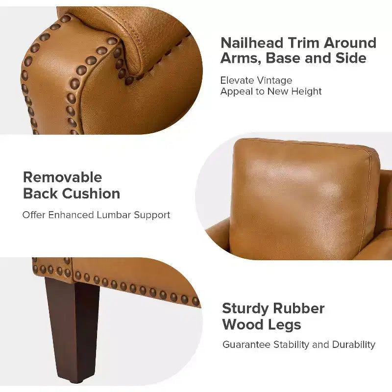 Genuine Leather Armchair with Removable Cushion and Nailhead Trims, Transitional Accent Chair