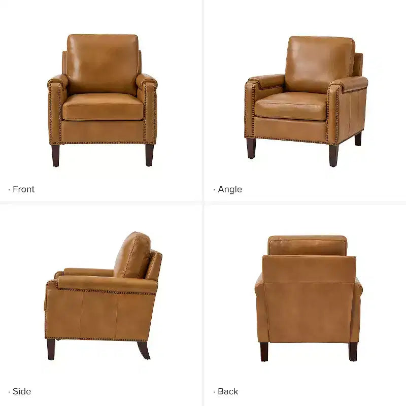 Genuine Leather Armchair with Removable Cushion and Nailhead Trims, Transitional Accent Chair