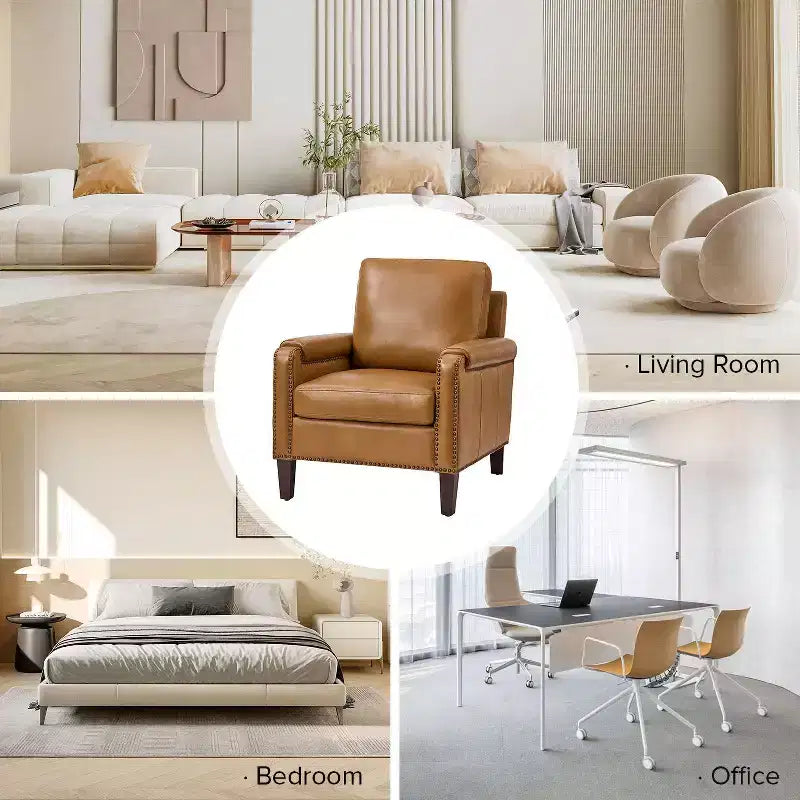Genuine Leather Armchair with Removable Cushion and Nailhead Trims, Transitional Accent Chair