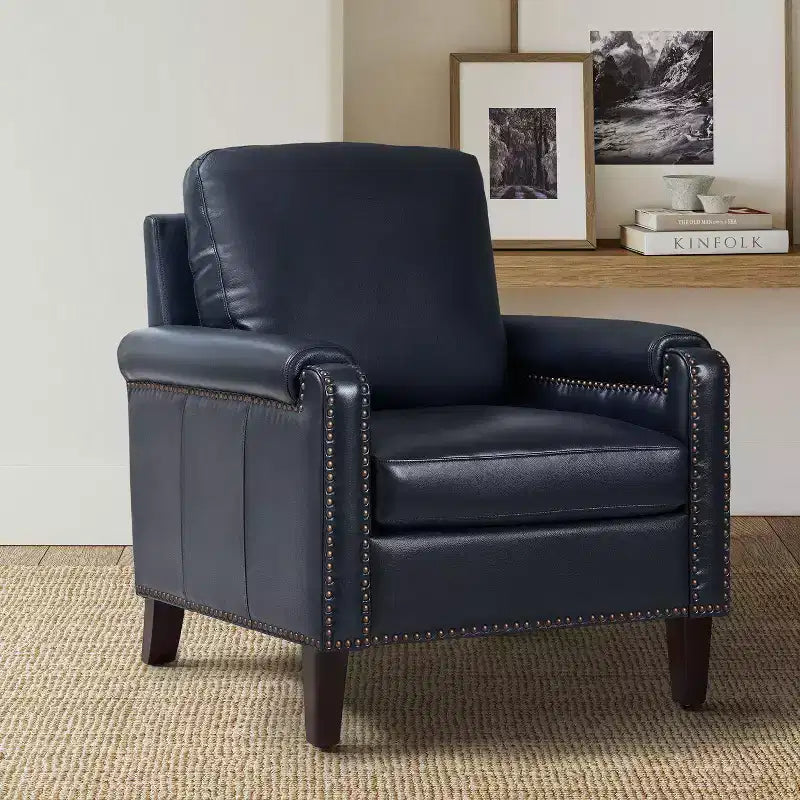 Genuine Leather Armchair with Removable Cushion and Nailhead Trims, Transitional Accent Chair