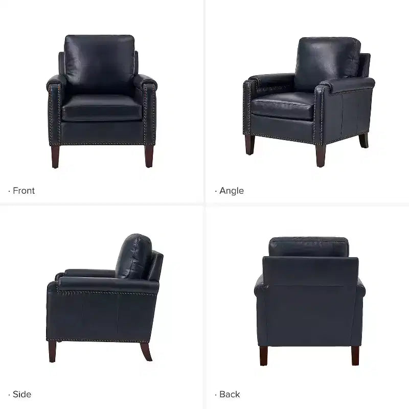 Genuine Leather Armchair with Removable Cushion and Nailhead Trims, Transitional Accent Chair