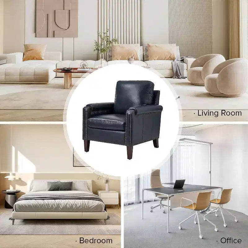 Genuine Leather Armchair with Removable Cushion and Nailhead Trims, Transitional Accent Chair