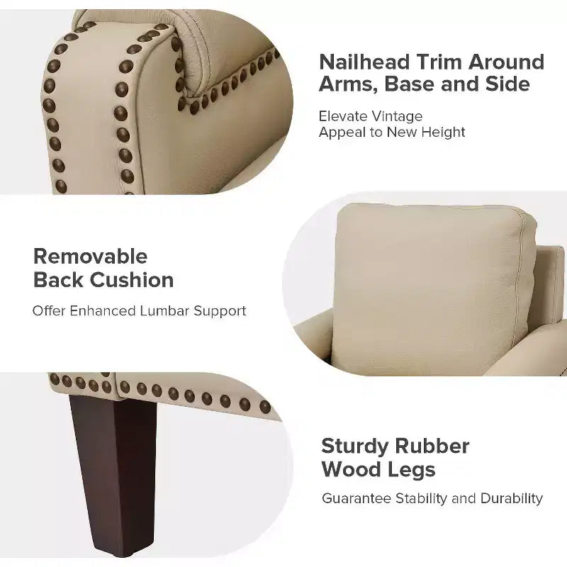 Genuine Leather Armchair with Removable Cushion and Nailhead Trims, Transitional Accent Chair