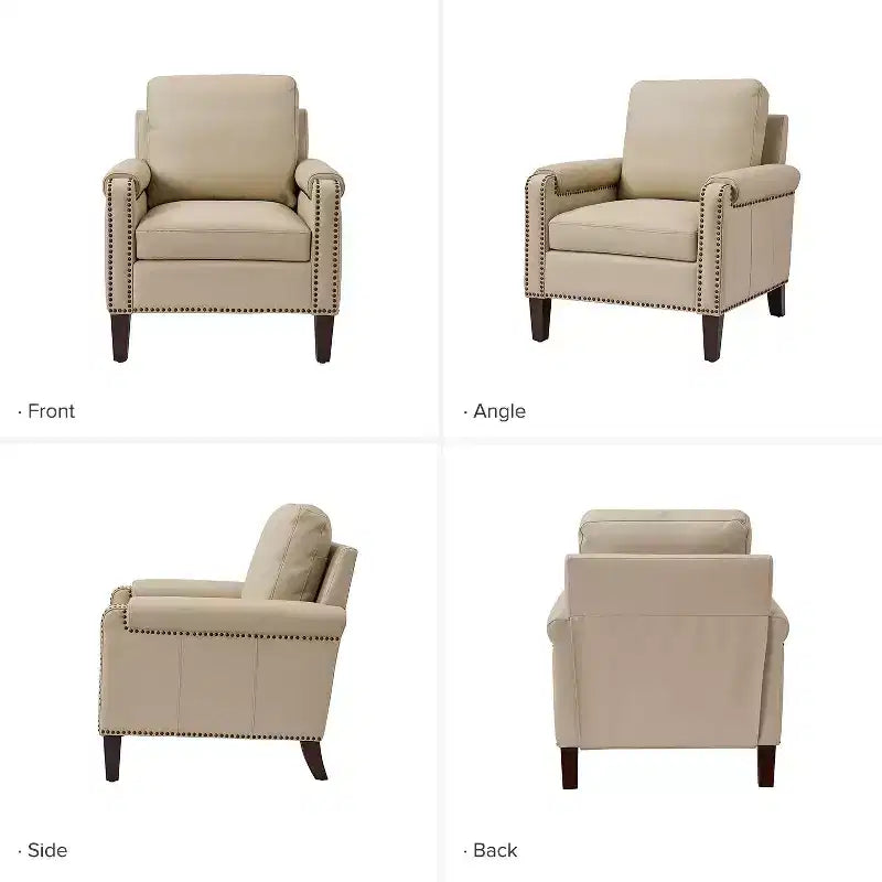Genuine Leather Armchair with Removable Cushion and Nailhead Trims, Transitional Accent Chair