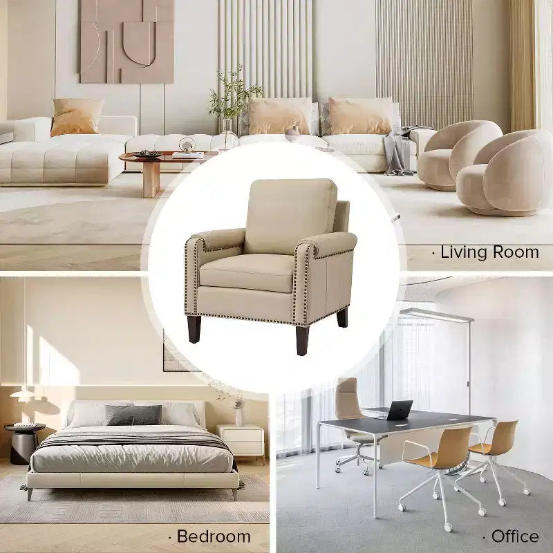 Genuine Leather Armchair with Removable Cushion and Nailhead Trims, Transitional Accent Chair