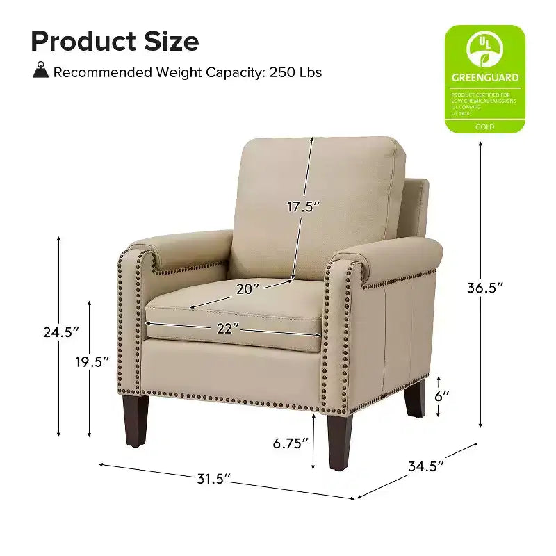 Genuine Leather Armchair with Removable Cushion and Nailhead Trims, Transitional Accent Chair