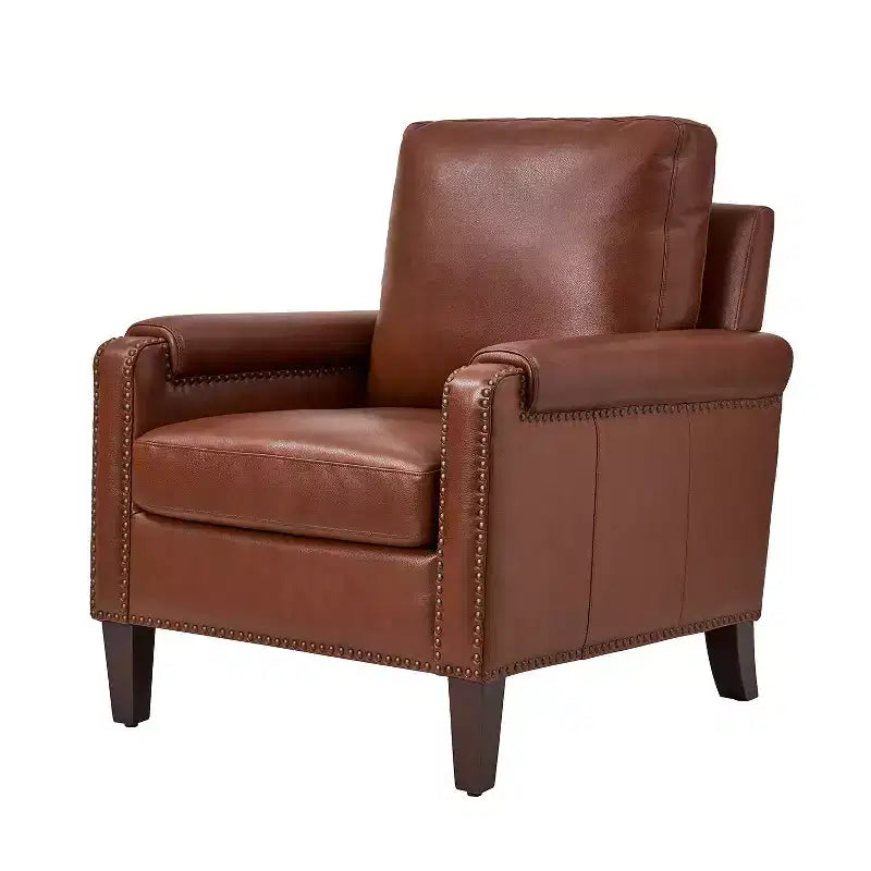 Genuine Leather Armchair with Removable Cushion and Nailhead Trims, Transitional Accent Chair