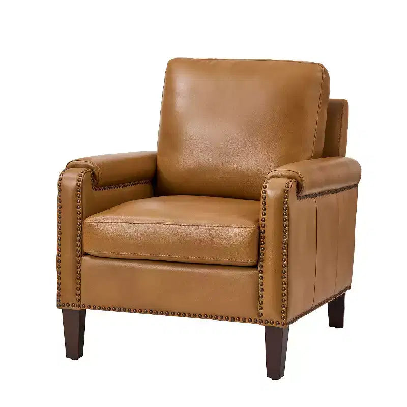 Genuine Leather Armchair with Removable Cushion and Nailhead Trims, Transitional Accent Chair