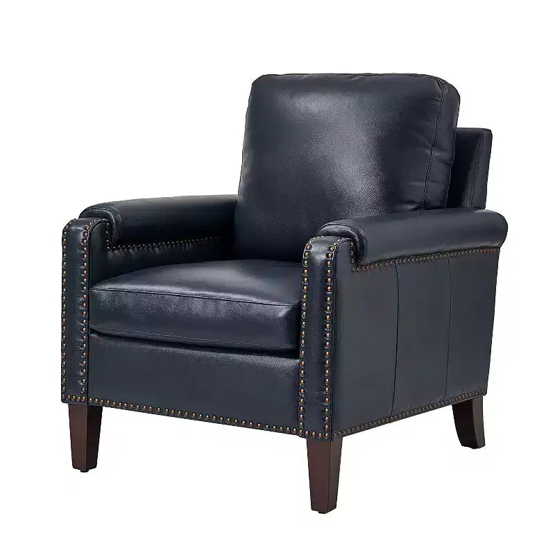 Genuine Leather Armchair with Removable Cushion and Nailhead Trims, Transitional Accent Chair