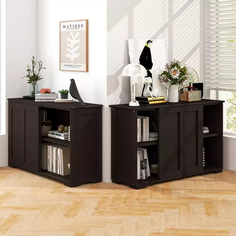 Stackable Buffet Sideboard Set of 2 with Sliding Doors & Adjustable Shelf, Brown/Black/Grey/Antique White
